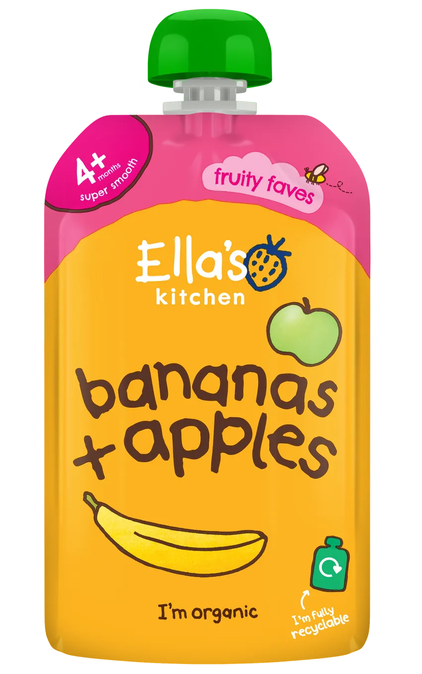 Pouch of Ella's Kitchen baby food puree with apple and banana flavor, marked as organic, with a green lid on top.
