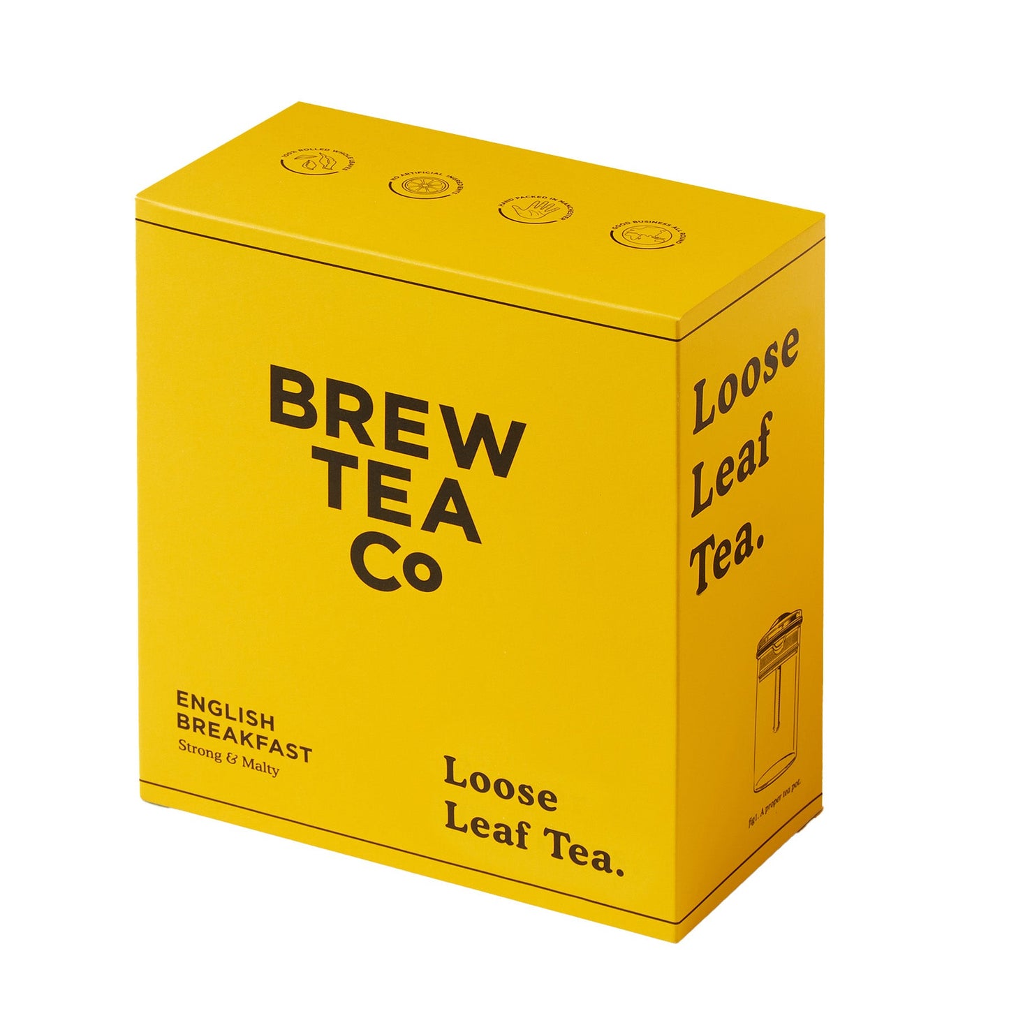 A yellow box of BREW TEA LOOSE LEAF ENGLISH BREAKFAST tea with branding and text on the front.