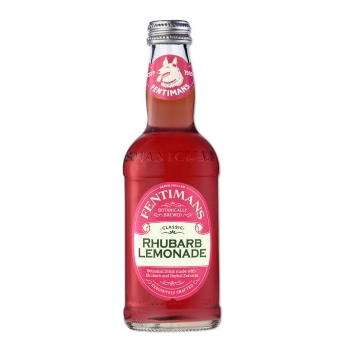 A glass bottle of pink rhubarb lemonade from fentimans