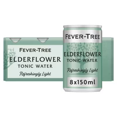 A pack of Fever-Tree Elderflower Tonic Water, showing a 6-pack carton and a single 150ml can on a plain white background.