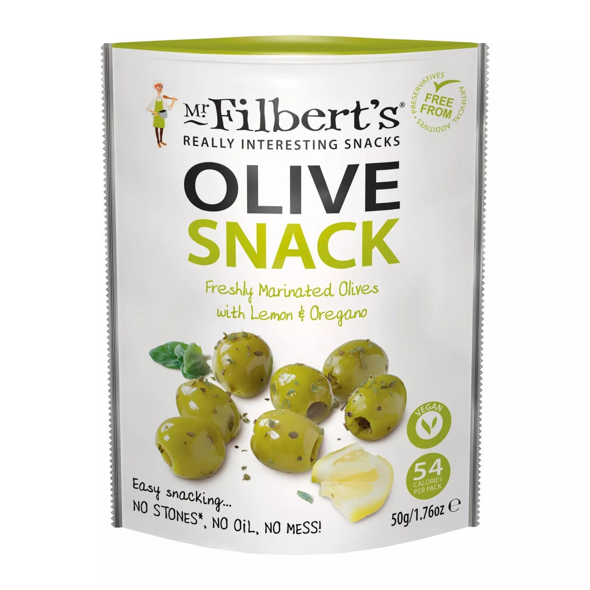 A package of Mr. Filbert's Olive Snack, featuring green olives and a sliced olive on a white background with green accents.
