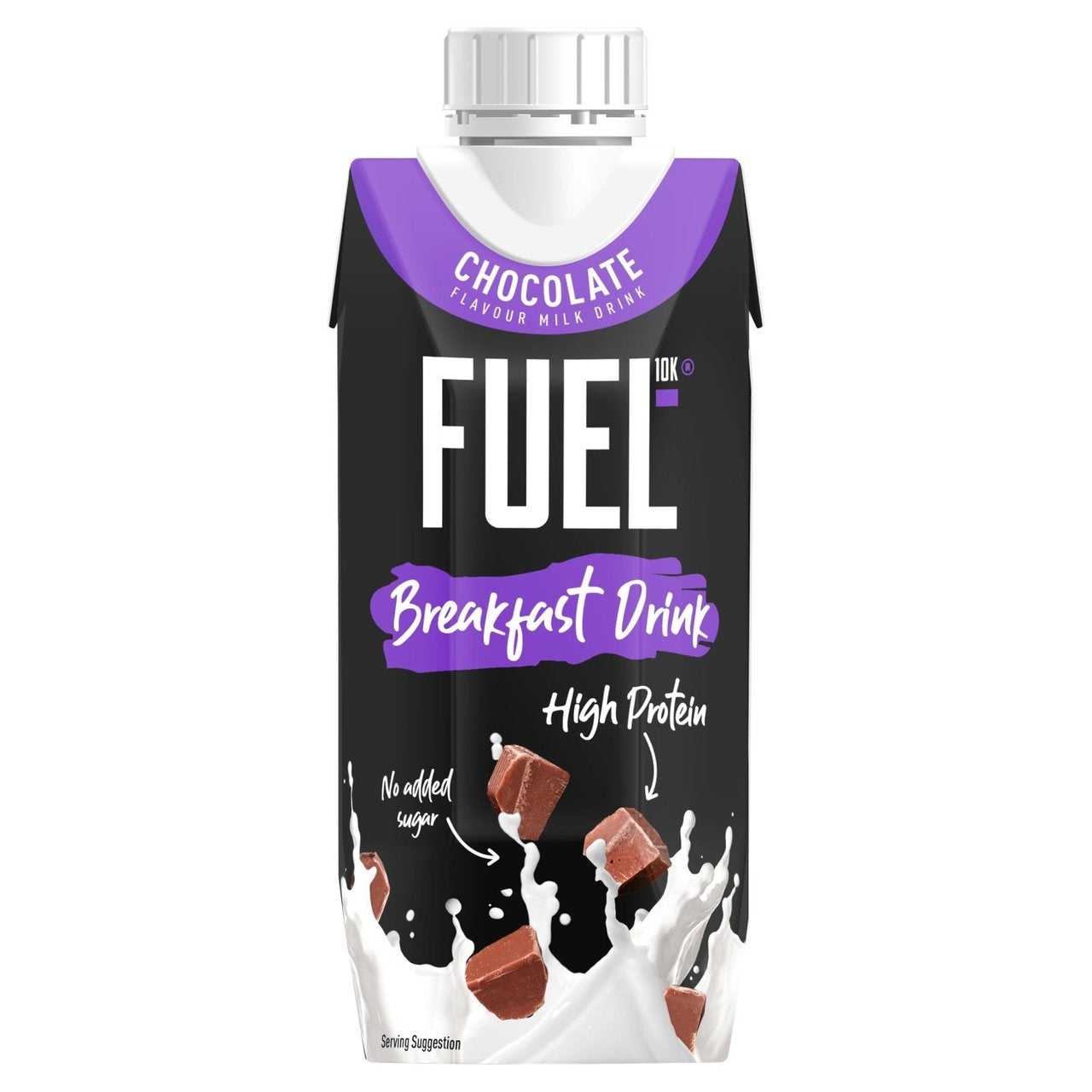 A carton of FUEL Breakfast Drink in Chocolate Flavour Milk Shake, featuring a black and white design with purple accents and illustrations of chocolate chunks and milk splashes.