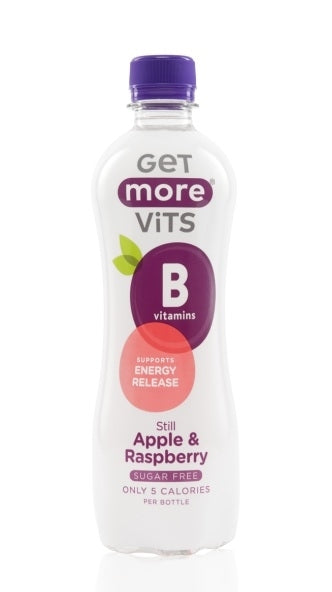 A bottle of Get More ViTs B vitamins in Apple & Raspberry flavor, featuring a white bottle with a purple cap and a colorful label.