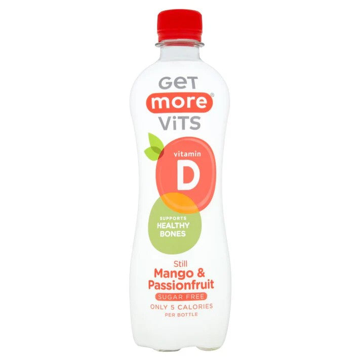 A bottle of Get More Vits vitamin D sugar-free drink, mango and passionfruit flavor, in a white plastic bottle with a red cap, shown on a plain white background.