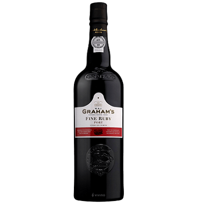 Graham's Fine Ruby Port wine bottle on a white background