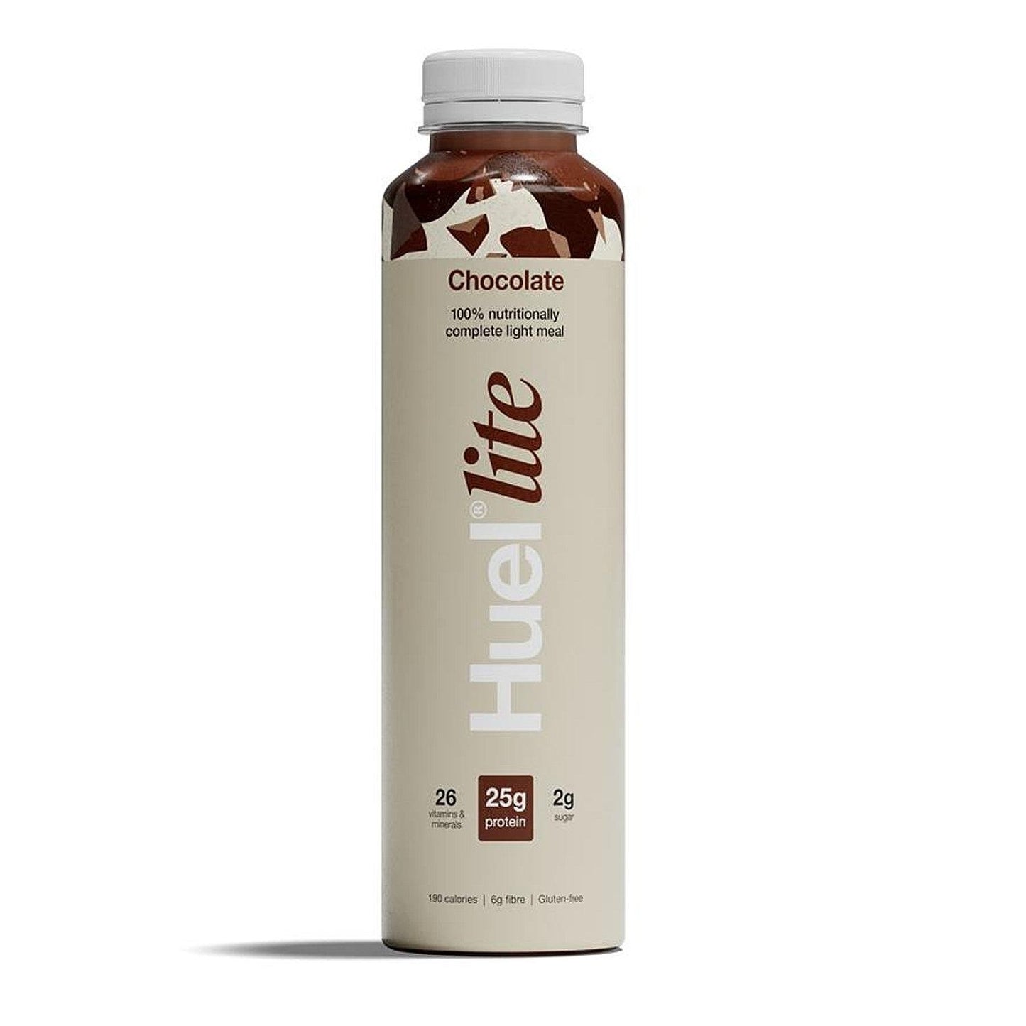 A Huelite Chocolate 100% nutritionally complete light meal in a slim bottle with a white cap, featuring a beige label with brown and white text.