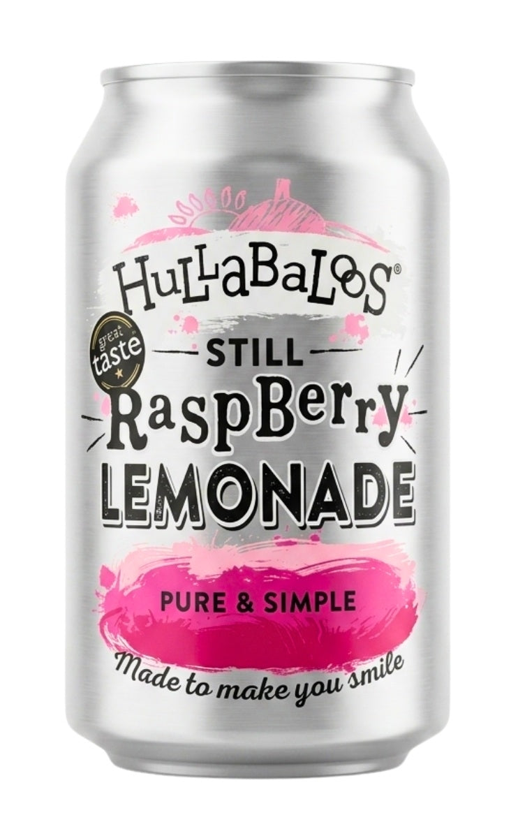 A silver aluminum can of HullaBaloos Still Raspberry Lemonade on a plain white background. The label features a vibrant pink watercolor splash with the words 'PURE & SIMPLE' in black text, and the brand name 'HullaBaloos' in a stylized font at the top.