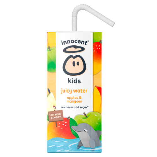 An Innocent Kids juice water carton in apples & mangoes flavor, featuring a colorful fruit illustration, a cartoon angel face logo, and a white plastic straw on a plain white background.