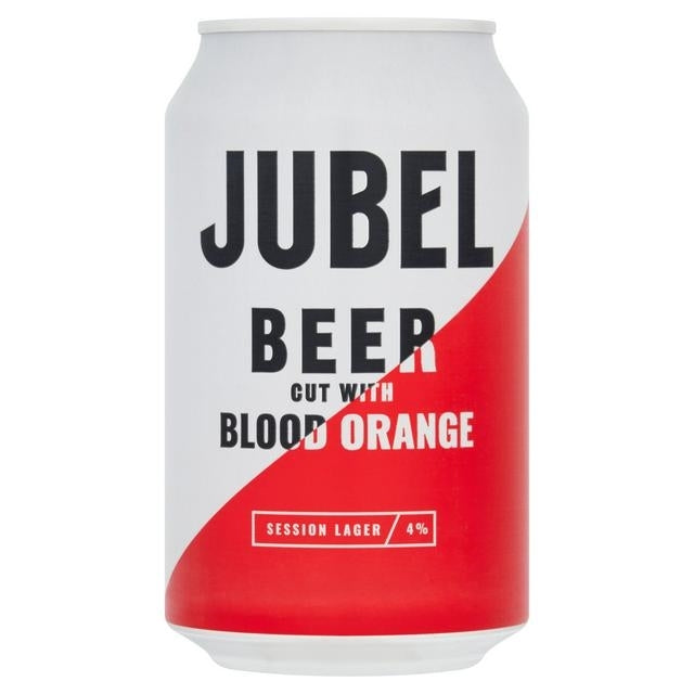 A 330ml aluminum can of Jubel Beer 'Cut with Blood Orange' on a plain white background. The can features a white upper half with bold black text, and a red lower half with white text.