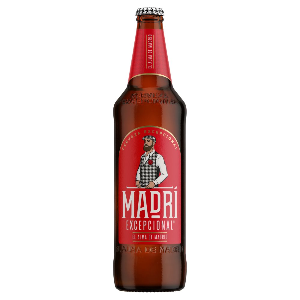 Bottle of Madri beer with a red label on a white background