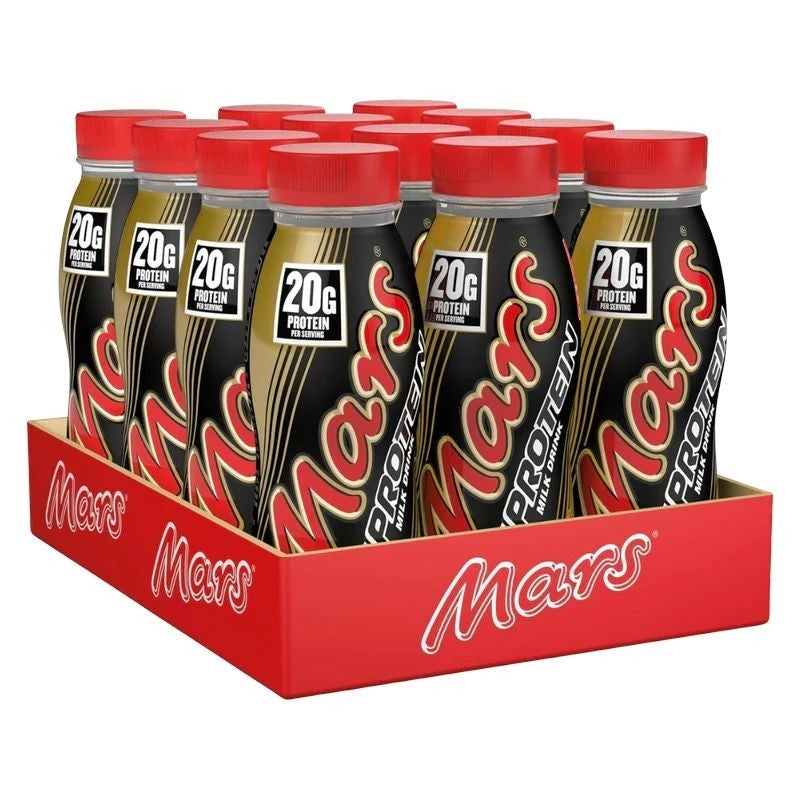 A 12-pack display tray of Mars Protein drinks, featuring black and gold protein bars with red lids, presented in a red cardboard tray on a white background.