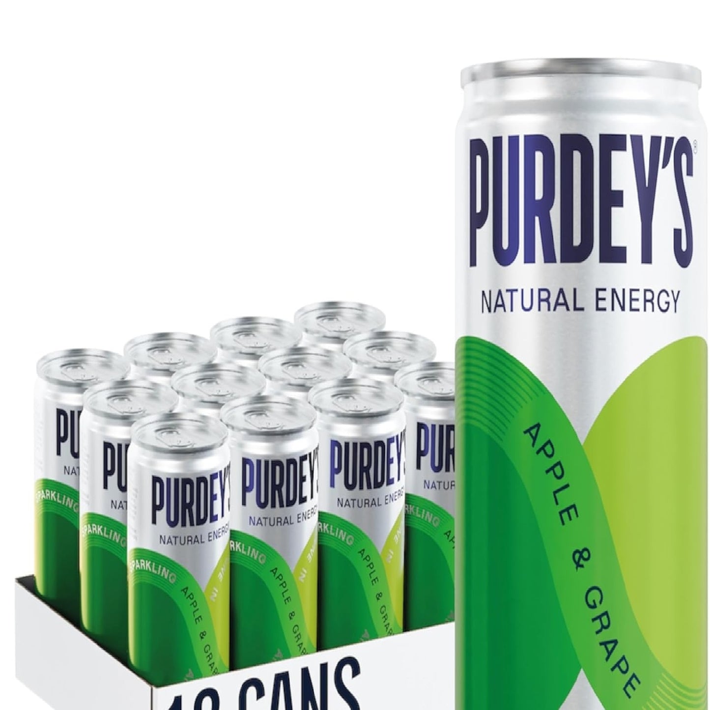 A group of Purdey's Natural Energy apple and grape canned drinks, with one can shown prominently in the foreground and a cardboard tray holding multiple cans behind it on a white background.