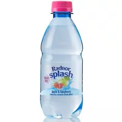 A bottle of Radnor Splash Apple & Raspberry flavored carbonated soft drink, featuring a clear plastic bottle with a bright pink cap and blue-tinted liquid, set against a plain white background.