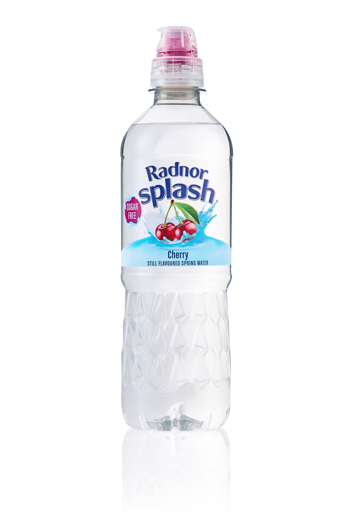 A bottle of Radnor Splash cherry-flavored carbonated soft drink, featuring a clear plastic bottle with a textured lower half, a blue and white label with cherry graphics, and a pink flip-top cap, set against a plain white background with a soft reflection below.