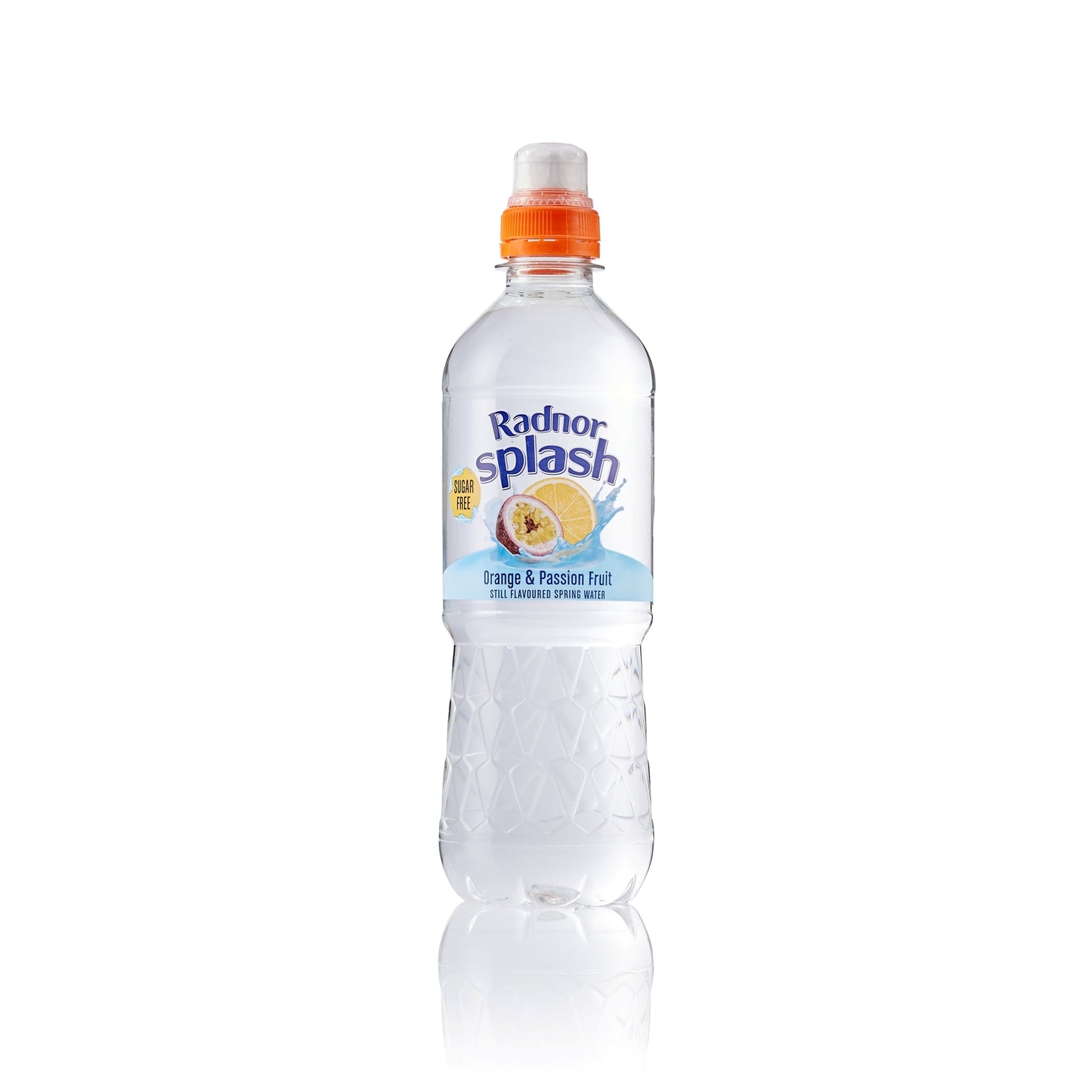 Radnor Splash orange and passion fruit sparkling water bottle on a white background