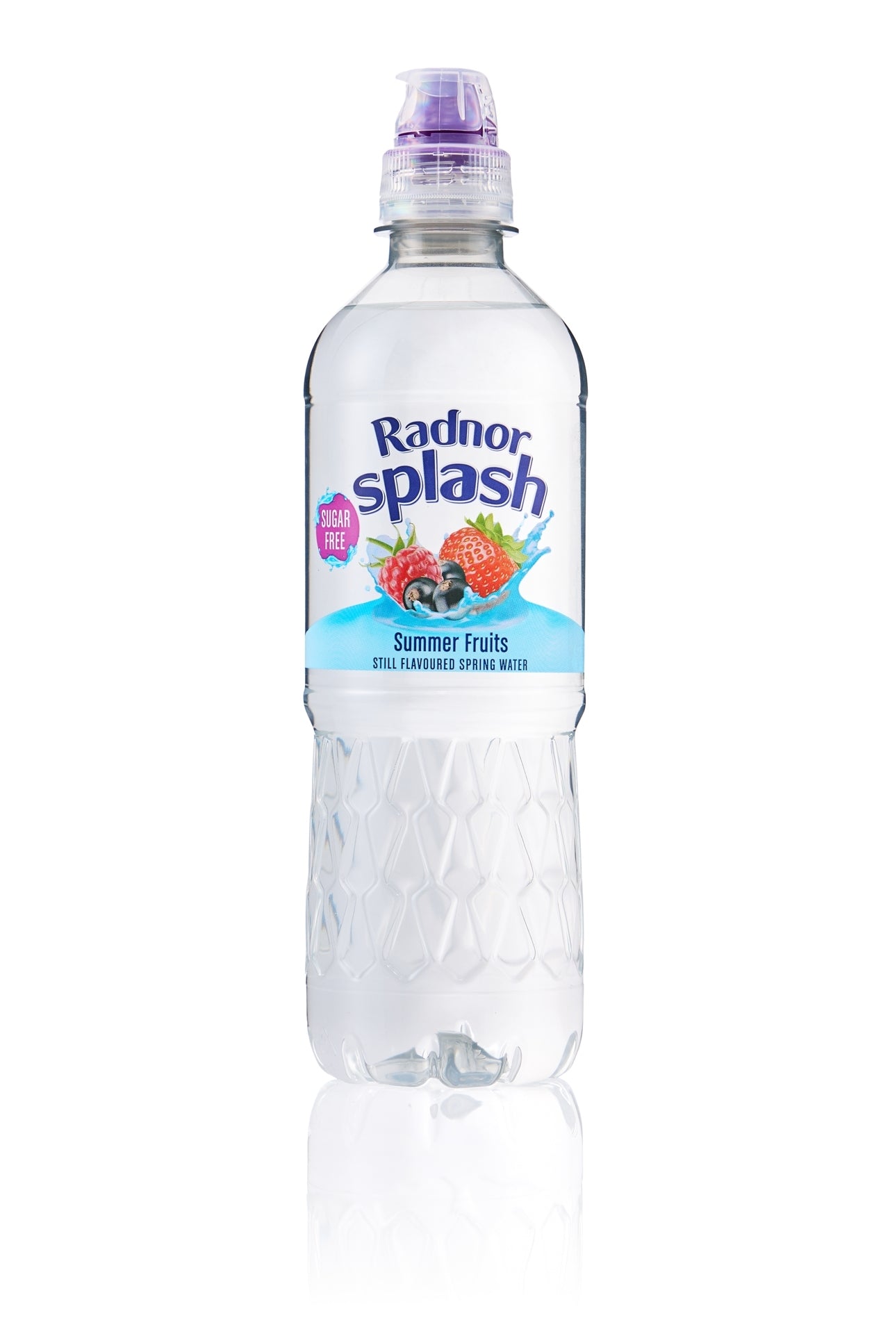A clear plastic bottle of Radnor Splash Summer Fruits extra-flavored carbonated drink water with a purple cap, shown on a white background with a reflection.