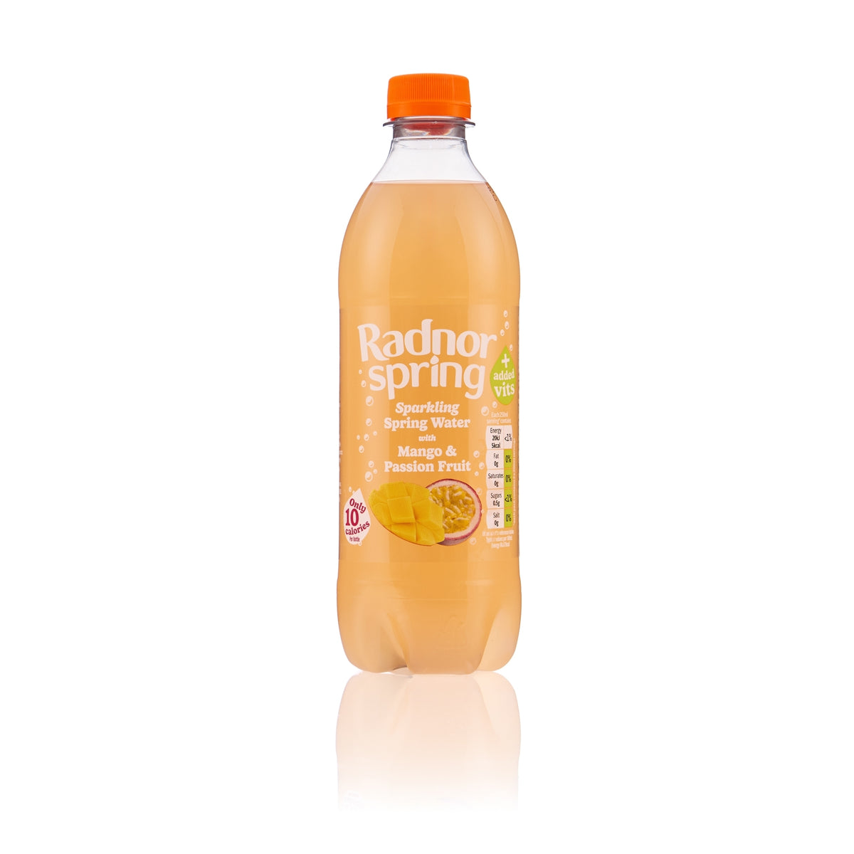 A bottle of Radnor Spring sparkling spring water in Mango & Passion Fruit flavor, featuring a clear plastic bottle filled with orange-amber liquid, an orange cap, and a white label with fruit illustrations, set against a plain white background with a soft reflection below.