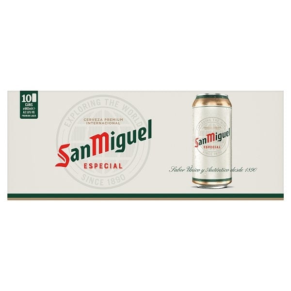 A 10-pack of San Miguel Especial beer cans in its original cardboard packaging, featuring the brand's classic red and green logo on a light beige background.