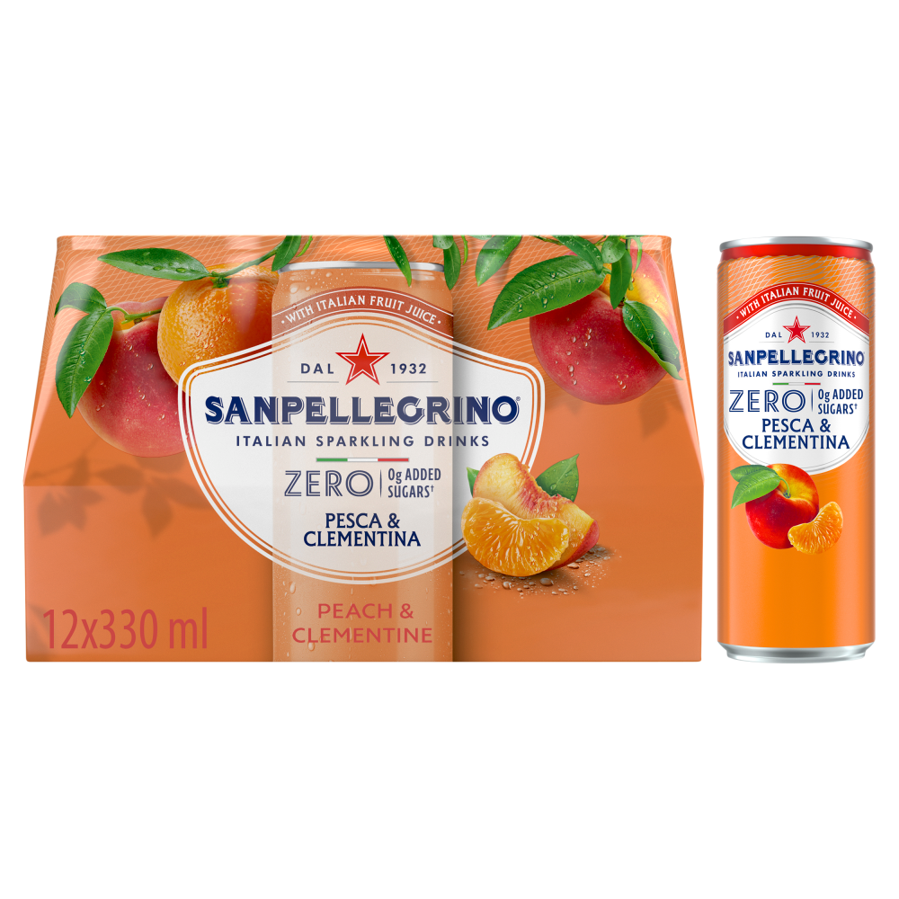 San Pellegrino Zero Peach & Clementine sparkling drink packaging on a white background, showing a 12-pack carton and one individual can.