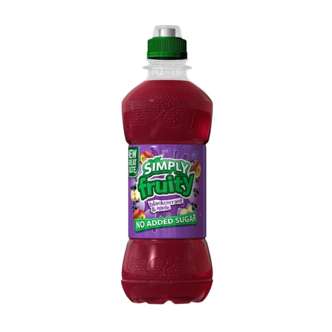 A bottle of Simply Fruity Blackcurrant & Blueberry drink with a green cap and purple label, shown on a plain white background.