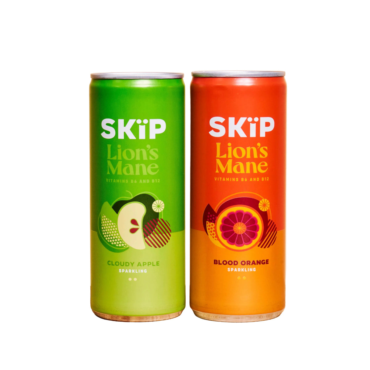 Two SKP Lion’s Mane energy drink cans on a wooden surface with a beige background