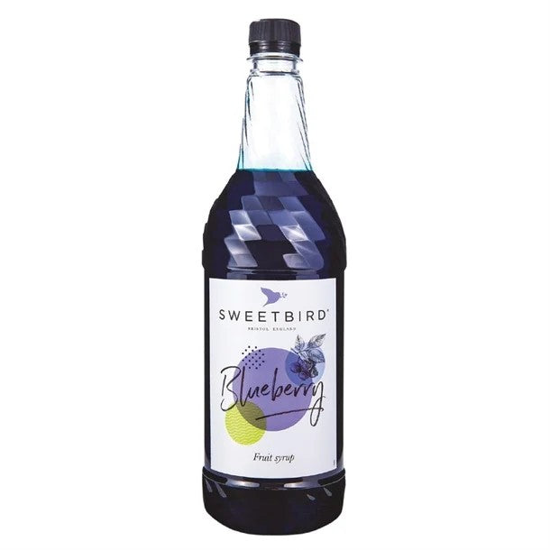 Bottle of Sweetbird Blueberry fruit syrup on a white background