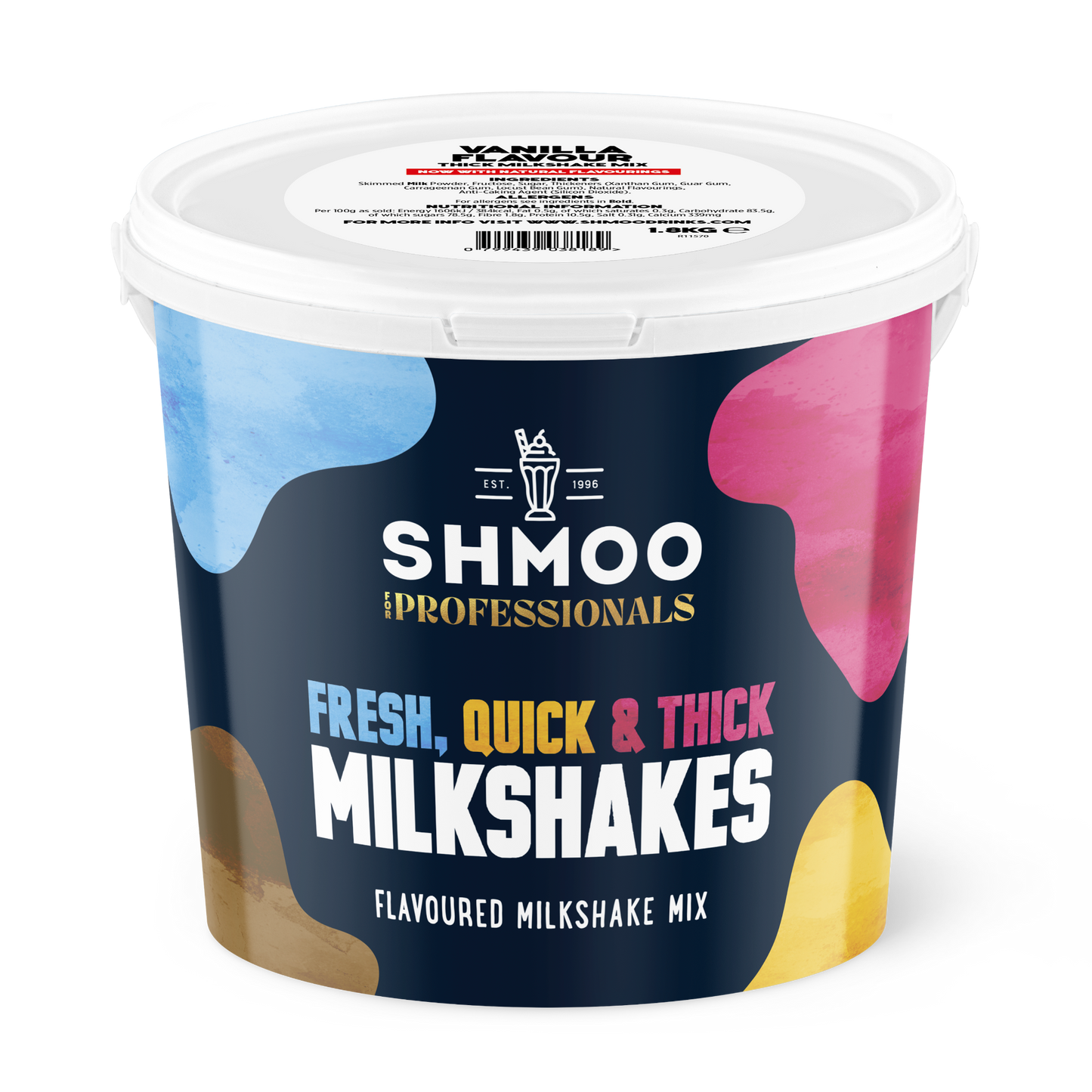 A tub of SHMOO vanilla flavored milkshake mix with branding and flavor information on the label.