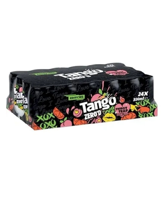 A 24-pack of XOXO Tango Zero'd Fruit Blast soda cans in a black cardboard carrier with colorful fruit illustrations and white branding.