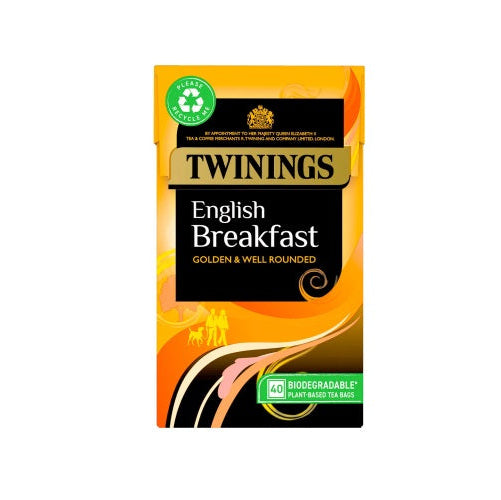 Packaging of Twinings English Breakfast tea bags, with the Twinings logo and the text 'English Breakfast' prominently displayed.