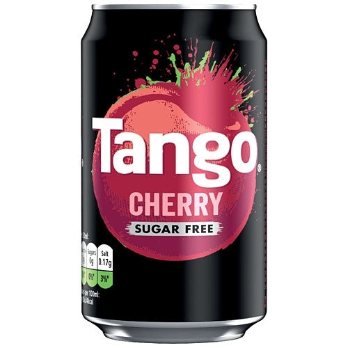 A single can of Tango Cherry Sugar Free soft drink on a plain white background. The can is predominantly black with a large red and pink cherry graphic, white 'Tango' branding, and green splash accents.