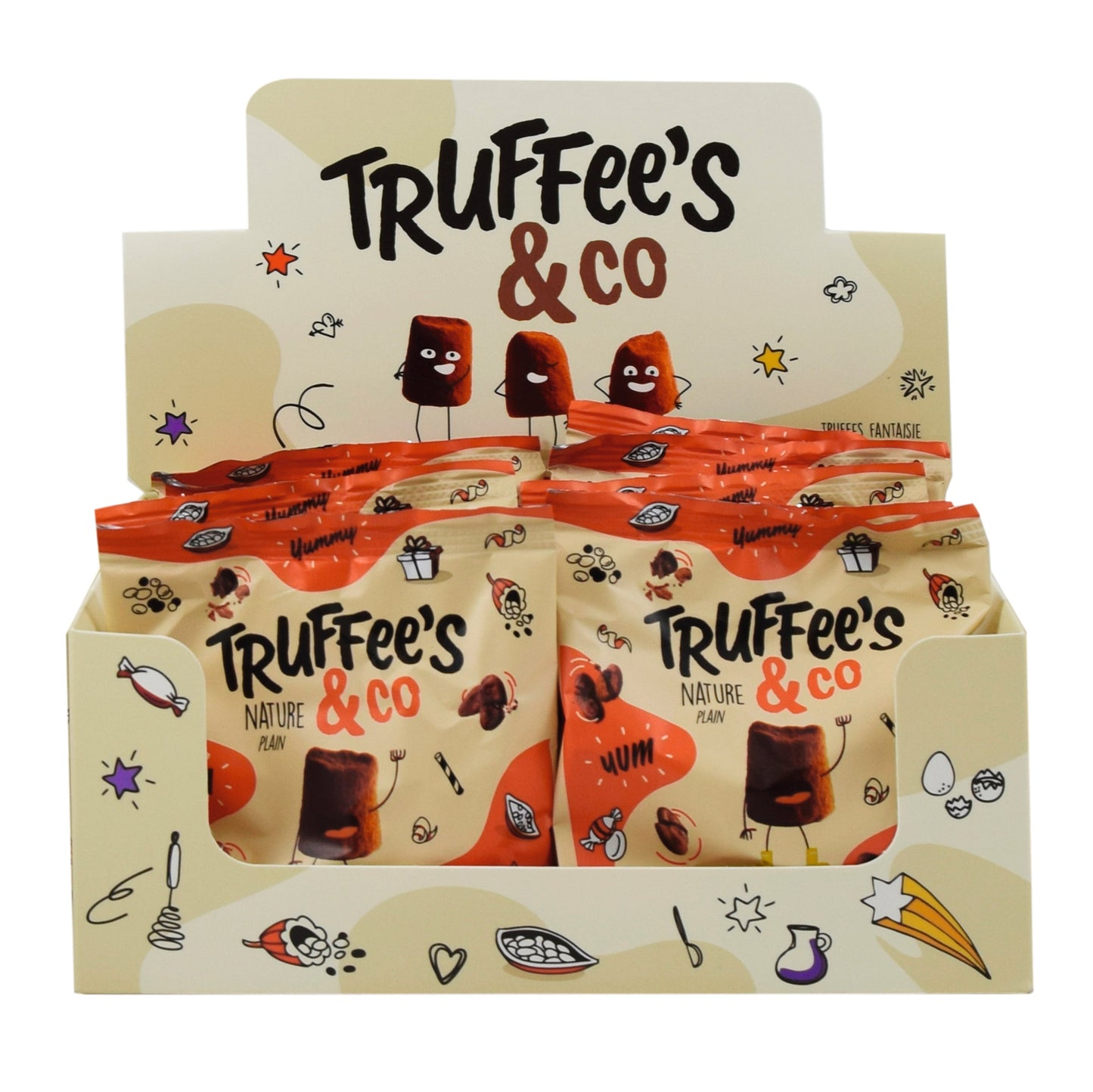 Display box of Truffee's & Co chocolate truffles with cartoon illustrations on a white background.