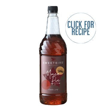 A bottle of Sweetbird Mince Pie Syrup with a label that includes the product name and a 'Click for Recipe' button.