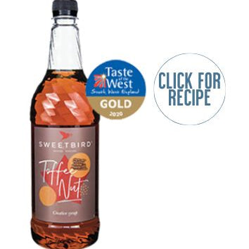 Bottle of Sweetbird Toffee Nut syrup with Taste West Gold award on a white background