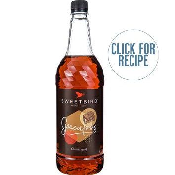 A bottle of SWEETBIRD SPECULOOS BISCOFF SYRUP with a label showing the product name and a 'Click for recipe' text, indicating a caramelized biscuit syrup.