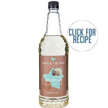A bottle of SWEETBIRD coconut syrup with a label showing the brand name and 'Coconut' flavor, accompanied by a 'Click for Recipe' text.
