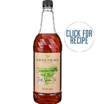 A bottle of SWEETBIRD CUCUMBER & MINT ICED GREEN TEA SYRUP with a label and a 'Click for Recipe' text overlay.