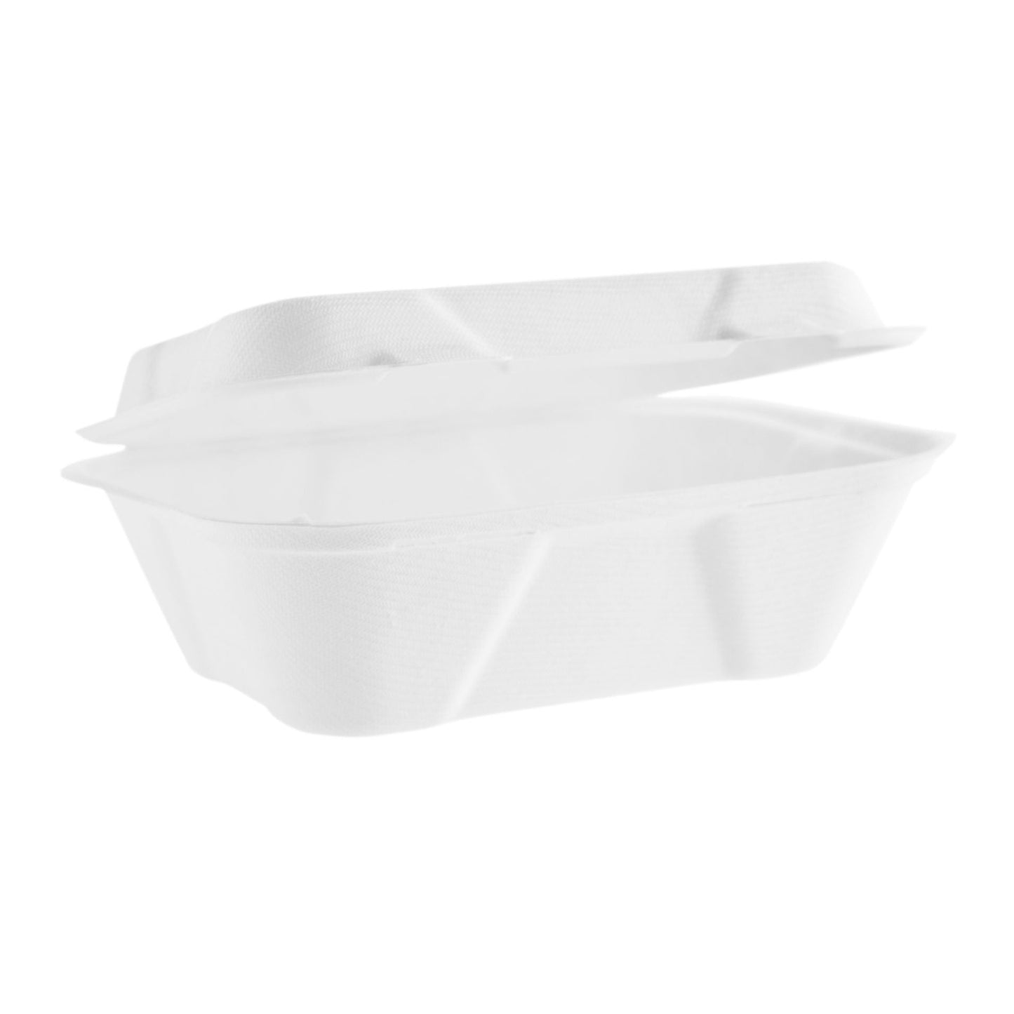 A white clamshell food container