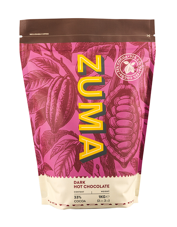 Zuma dark hot chocolate packaging with cacao bean design on a pink background