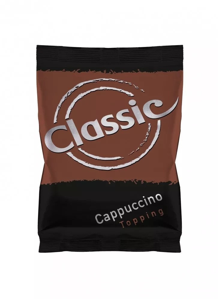 Bag of classic cappuccino topping with brown and black design.