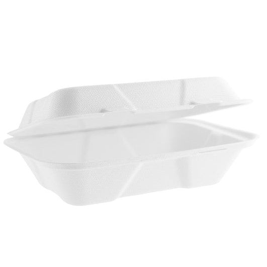 A white clamshell-style disposable serving tray.