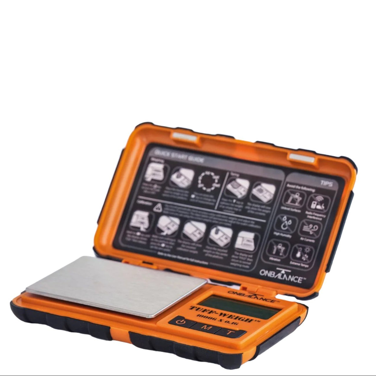 A digital mechanical scale with an orange and black impact-resistant case, a detachable lid/tray, and rubber grips. The scale has a capacity of 1000g with overload protection, displayed with its face up on a white background.