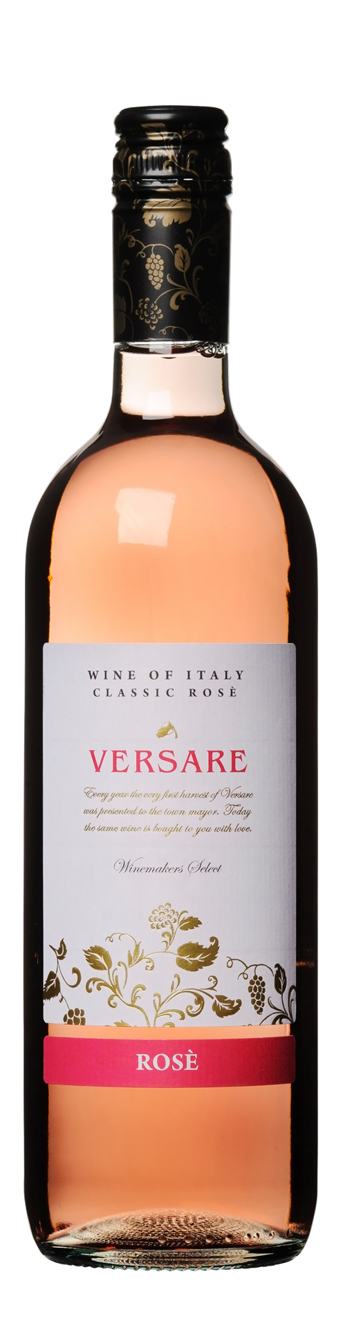 A bottle of Versare Rose wine with a label showing floral imagery and text, indicating the wine variety and possibly the brand.