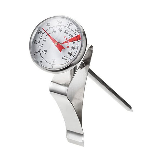 Analog cooking thermometer with a silver body and a white dial with red markings.