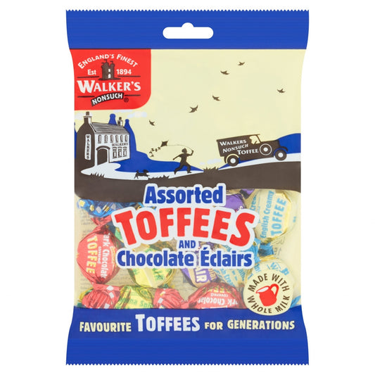A bag of Walker's assorted toffees and chocolate eclairs, featuring an illustration of a rural scene with a car and a cartoon signpost, and the product name displayed prominently.