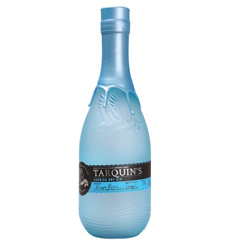 A bottle of Tarquins Cornish Gin with a blue label and white text.