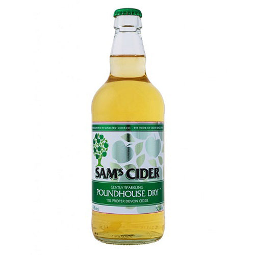 A bottle of Sam's Poundhouse Dry Cider, 500ml.