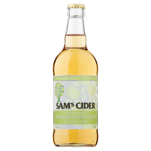 A bottle of Sam's Cider Poundhouse with a clear, amber-colored liquid visible through the glass. The label displays the brand and the product name, set against a simple white background.