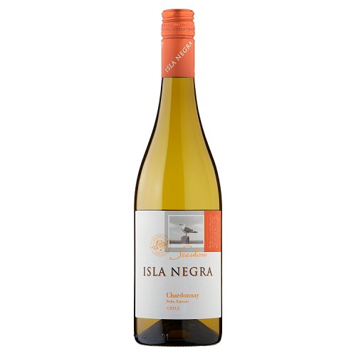 A bottle of Isla Negra Chardonnay wine with a label that features a stylized sea and landcape.
