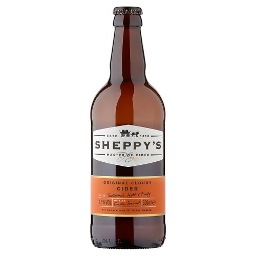 A bottle of Sheppy's Original Cloudy Cider with a label indicating it is 500ml.