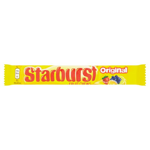A pack of Starburst Original fruit-flavored chews, with the product name and images of cherries and an orange displayed on the packaging.